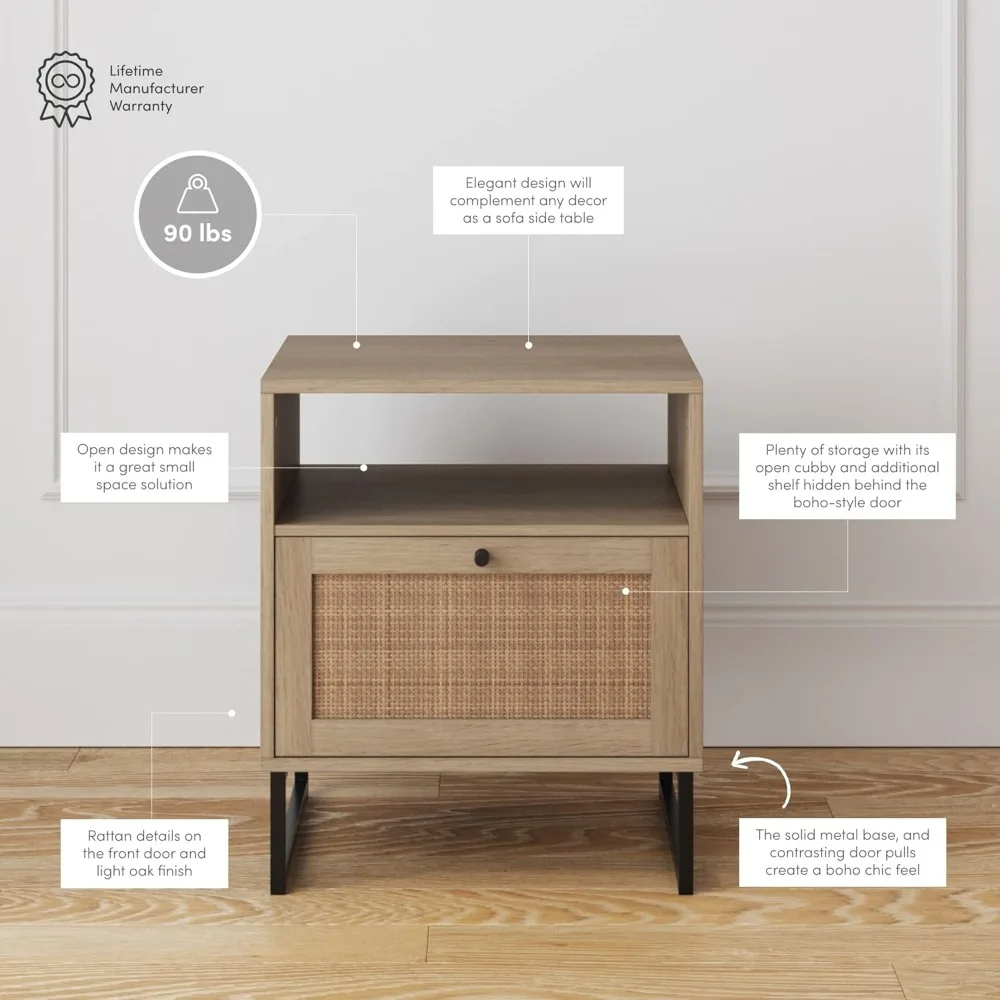 Rattan Wood End Side Accent Table Nightstand with Storage