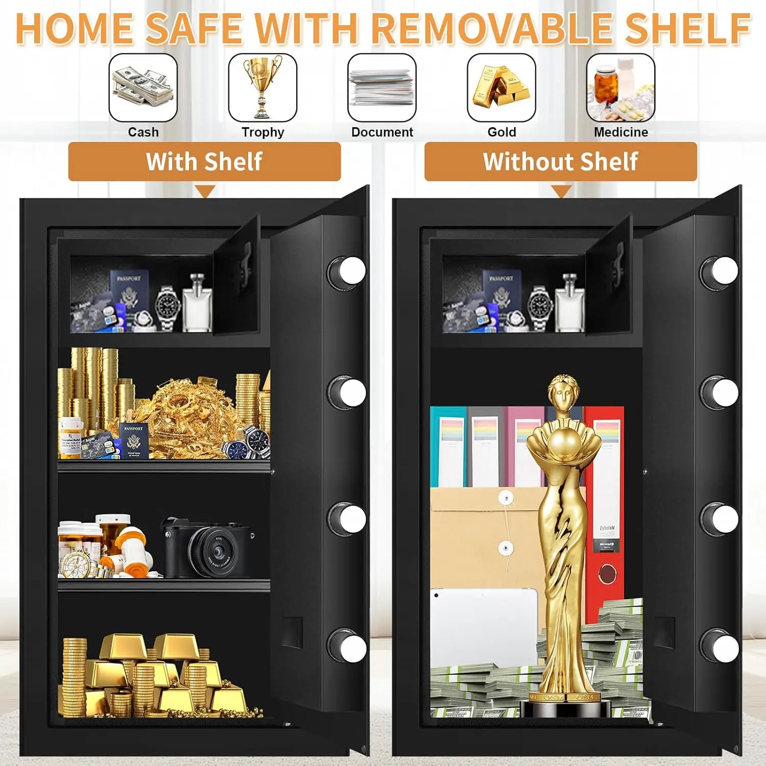 6.0 Cub Large Home Safes Fireproof Wterproof, Anti-theft Fireproof Safe with Programmable Keypad, Spare Keys and Alarm Systerm,