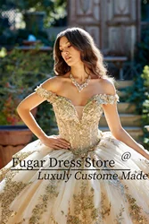 Gold Embroidered Quinceanera Dresses Birthday Party Prom Princess Ball Gown  Lace Appliques Glitter Corset Vestidos De 15 Anos