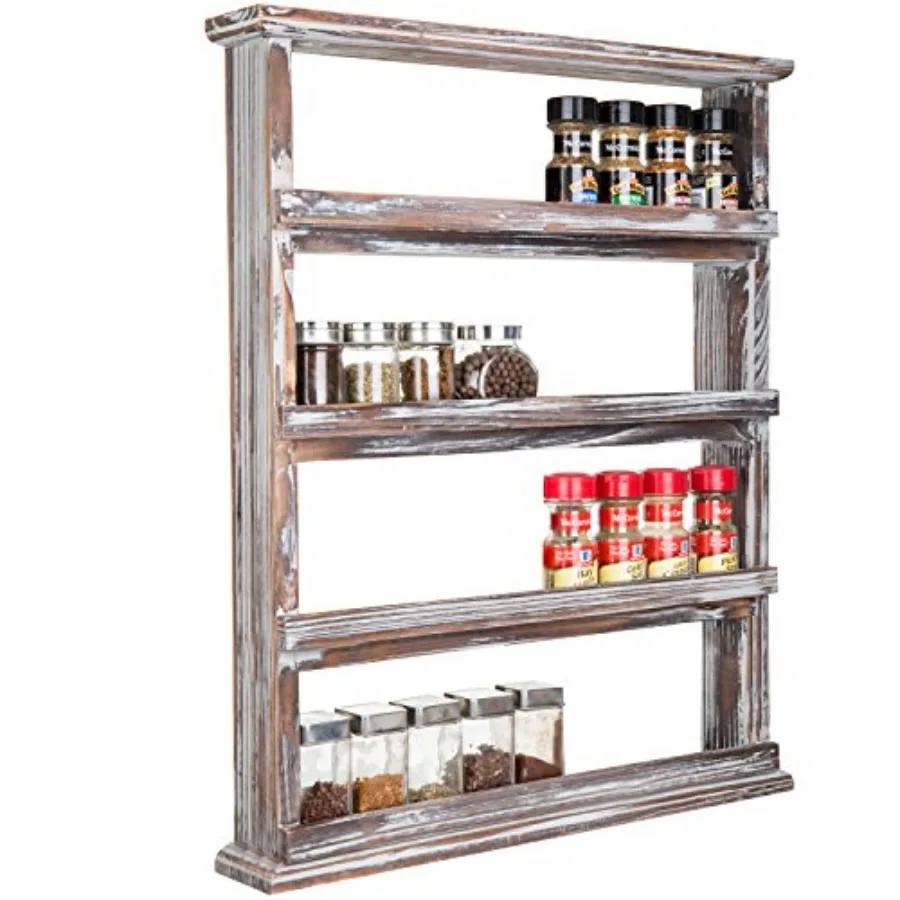 

Rustic Torched Wood Wall Hanging Spice Rack 4 Tier Seasoning Jar Shelves Pantry Organizer