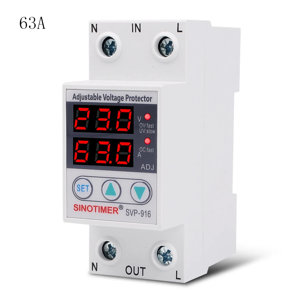 

SVP-916 40A 63A 80A Over Under Voltage Protection Limit Current Dual Display Surge Protector Automatic Adjustable Voltage Relay