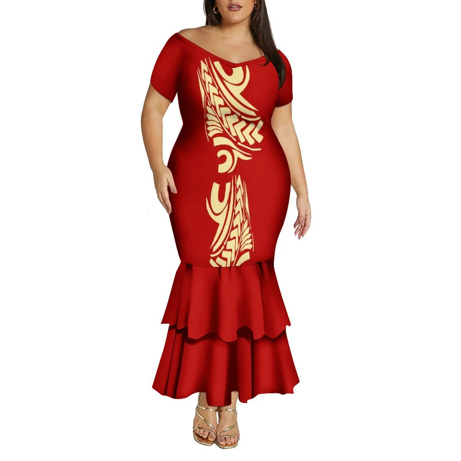 

Оптовая продажа, индивидуальный дизайн с принтом Тонга Самоан, женское платье макси с глубоким V-образным вырезом и открытыми плечами, модное вечернее платье «рыбий хвост»