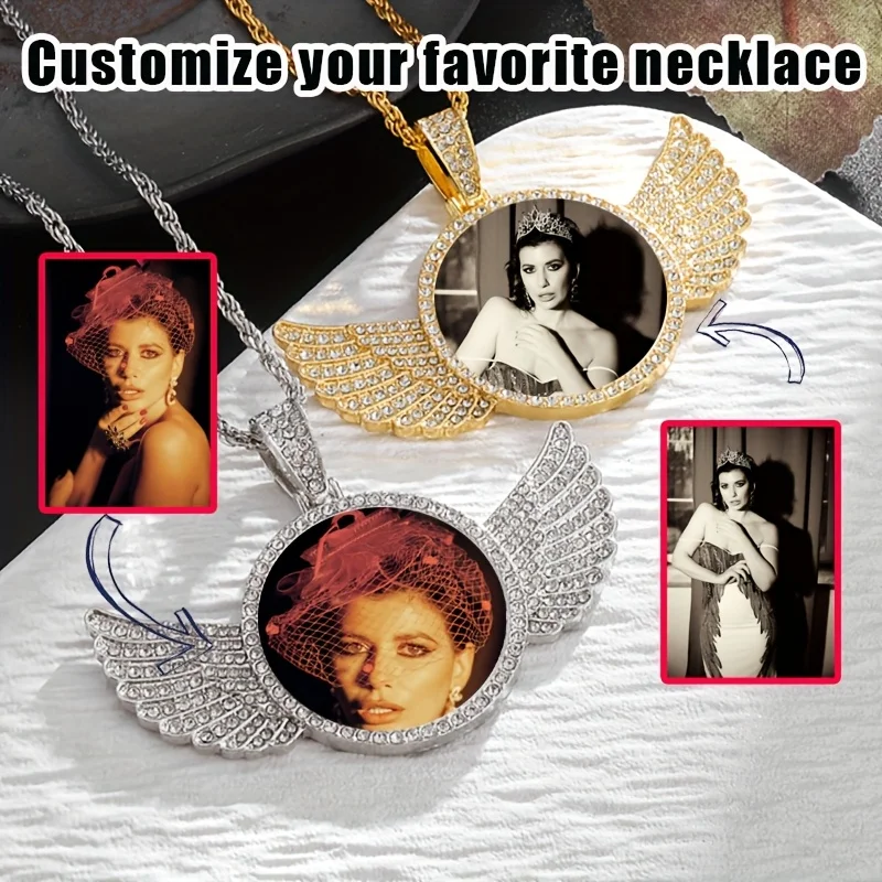 Customized Items Hip Hop Wings Photo Necklace Personalized Stickers DIY Solid Photo Frame and A Zirconia Necklace Perfect