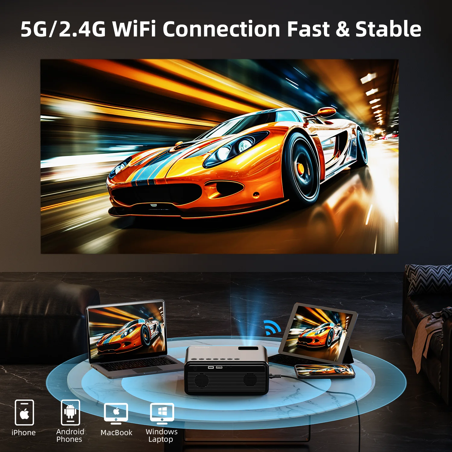 Proiettore con WiFi e Bluetooth, proiettori portatili 5G aggiornati 4K supportati nativo 1080P 12000L, proiettore cinematografico a LED per esterni