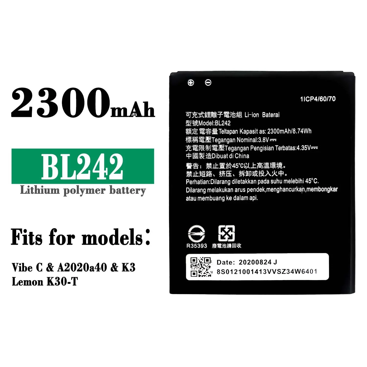 BL242 Высококачественная запасная батарея для Lenovo BL-242 Vibe C A2020n40 K3
