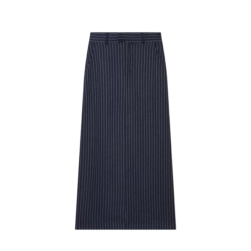 Women's A-line Skirt 2026 Summer New Style Navy Blue Striped High-Waist Slit Decorative Straight Long Skirt Elegant and Stylish