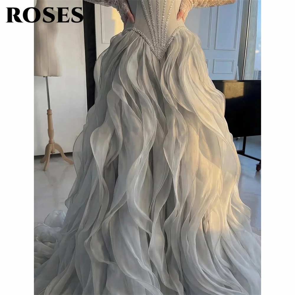 ROSES Silver Gray Evening Dress with Beaded Floral Embroidery Formal Gown Ruffled Organza Night Dresses Prom Dresses Customized image 5