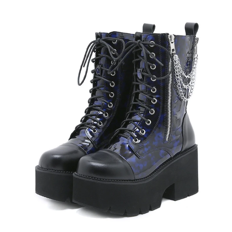 

Women Boots Punk Style Platform Boots High Quality Leather Gothic Women Ankle Booties Chain Chunky Thick Sole Boots Botas Mujer