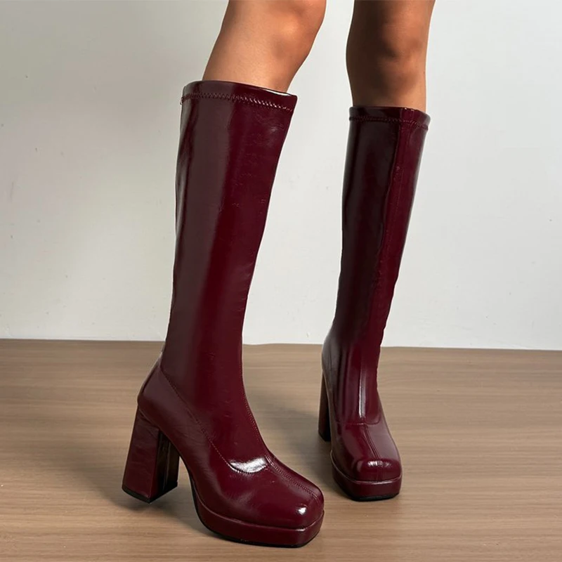 Weinrote Lacklederstiefel für Damen, sexy, eckige Zehenpartie, lange Plateausohle, superhoher Absatz, Botas Mujer – Detail 7
