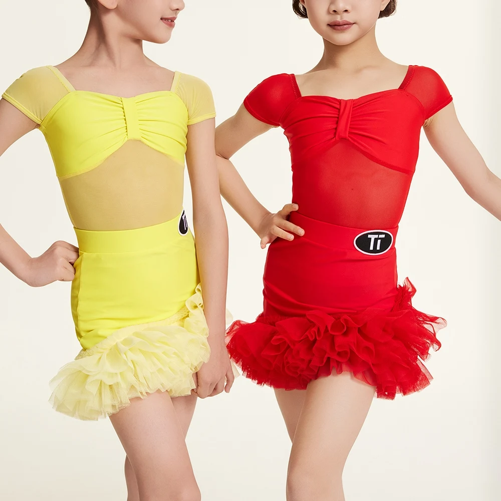 

Girls Latin Dance Costume Summer Short Sleeves Practice Clothes Kids Cha Cha Rumba Samba Dance Dress Yellow Red Dress DNV23417