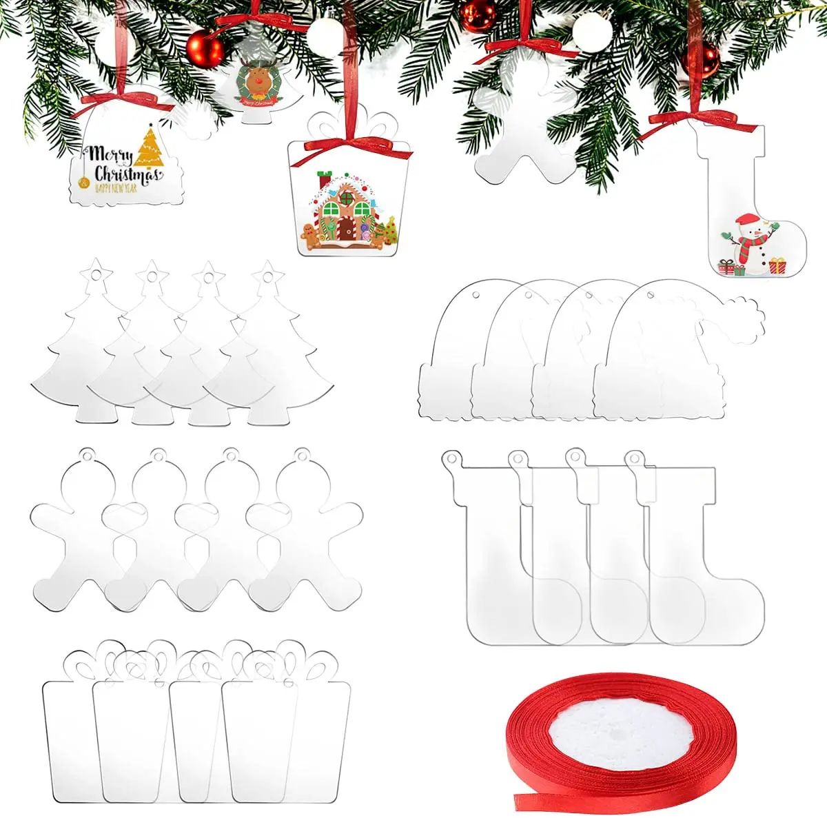 50Pcs/Set Clear Acrylic Christmas Ornaments DIY Blank Christmas Tree Hanging Ornament With Ribbon For Christmas Decor