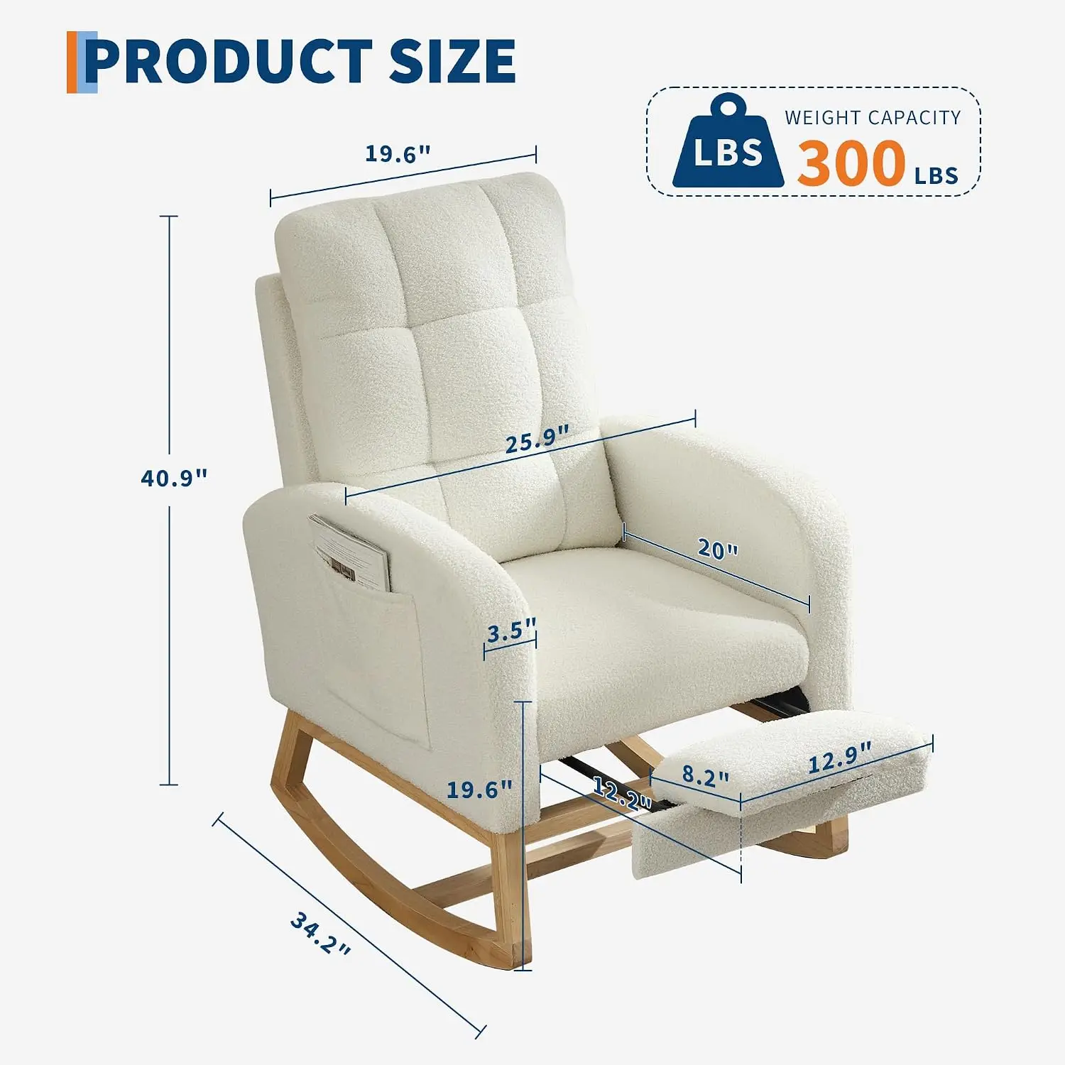 Tacleekii Nursery Rocking Chair Glider Chair with Wood Legs Teddy Upholstered Glider Rocker with Padded Seat High Backrest for Living Room Bedroom