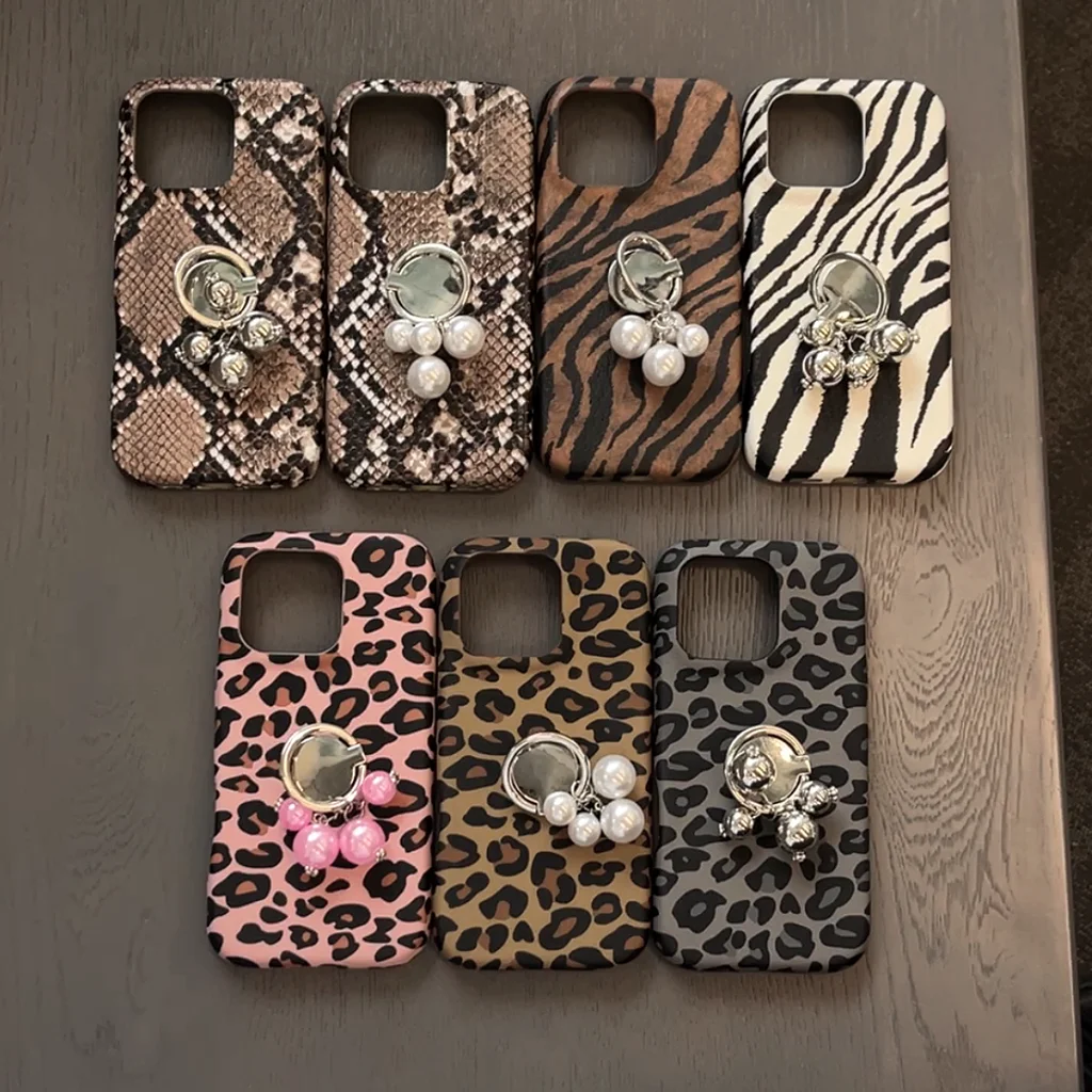 Moda estampado de leopardo cebra serpiente patrón cuentas colgante anillo de dedo soporte funda de teléfono para iPhone 17 16 15 14 13 Pro Max