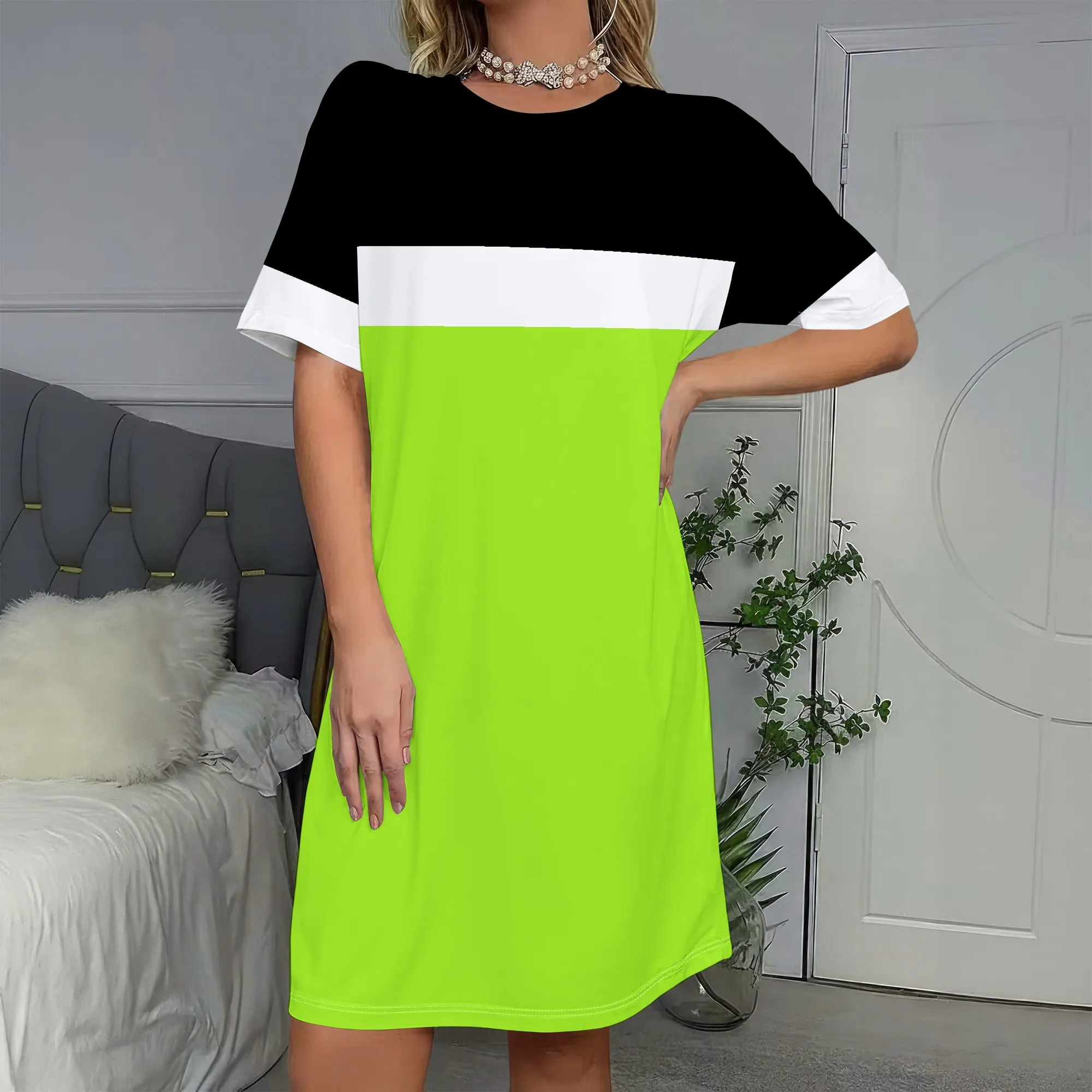 

Neon Color Block, Short Sleeve Dress, Round Neck Shift Dress, Casual Loose Fit, Summer Party Wear, S-2XL