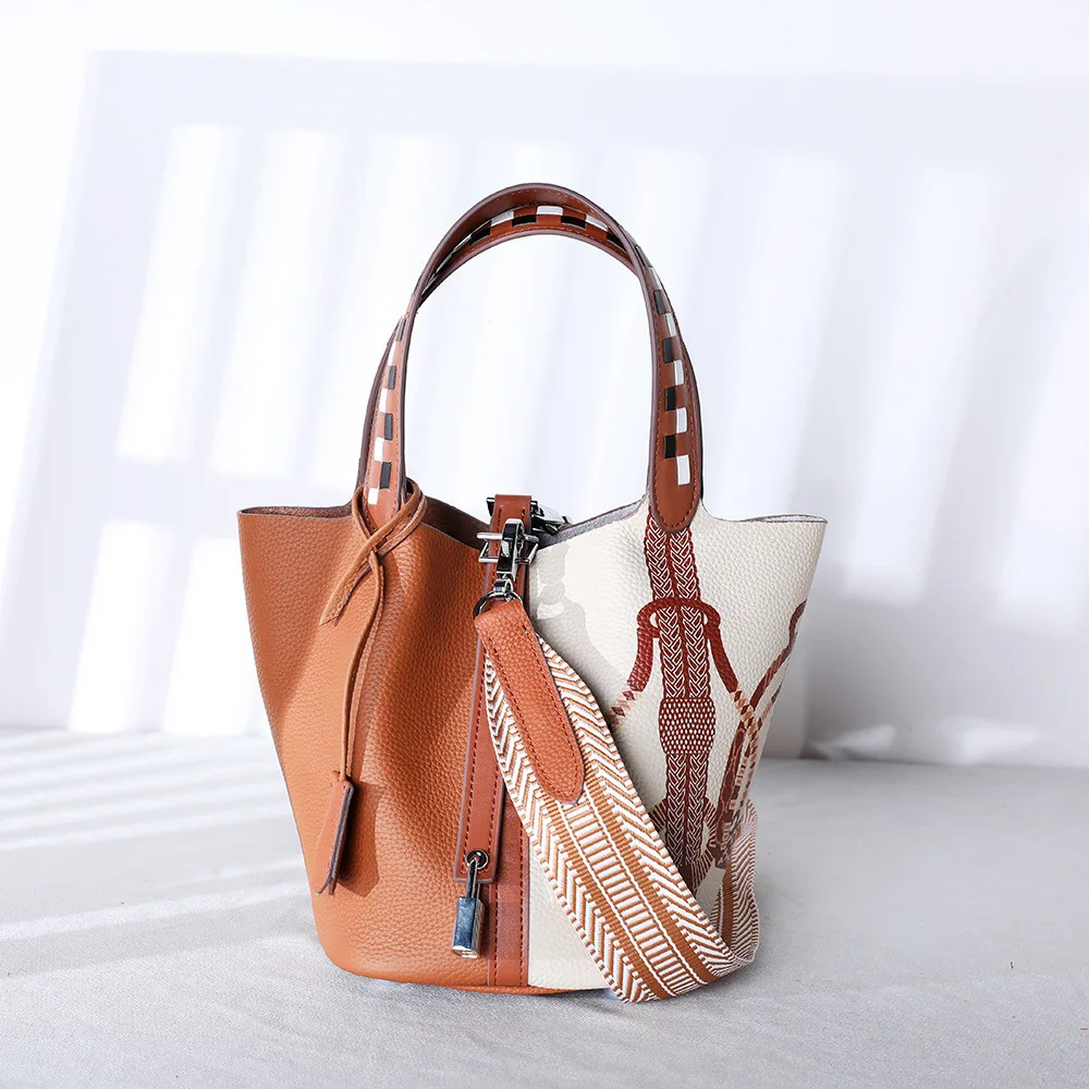 сумка женская Top Grain Cowhide Color Painting Color Block Minimalist Bucket Bag Black Daily Use 2026 Spring