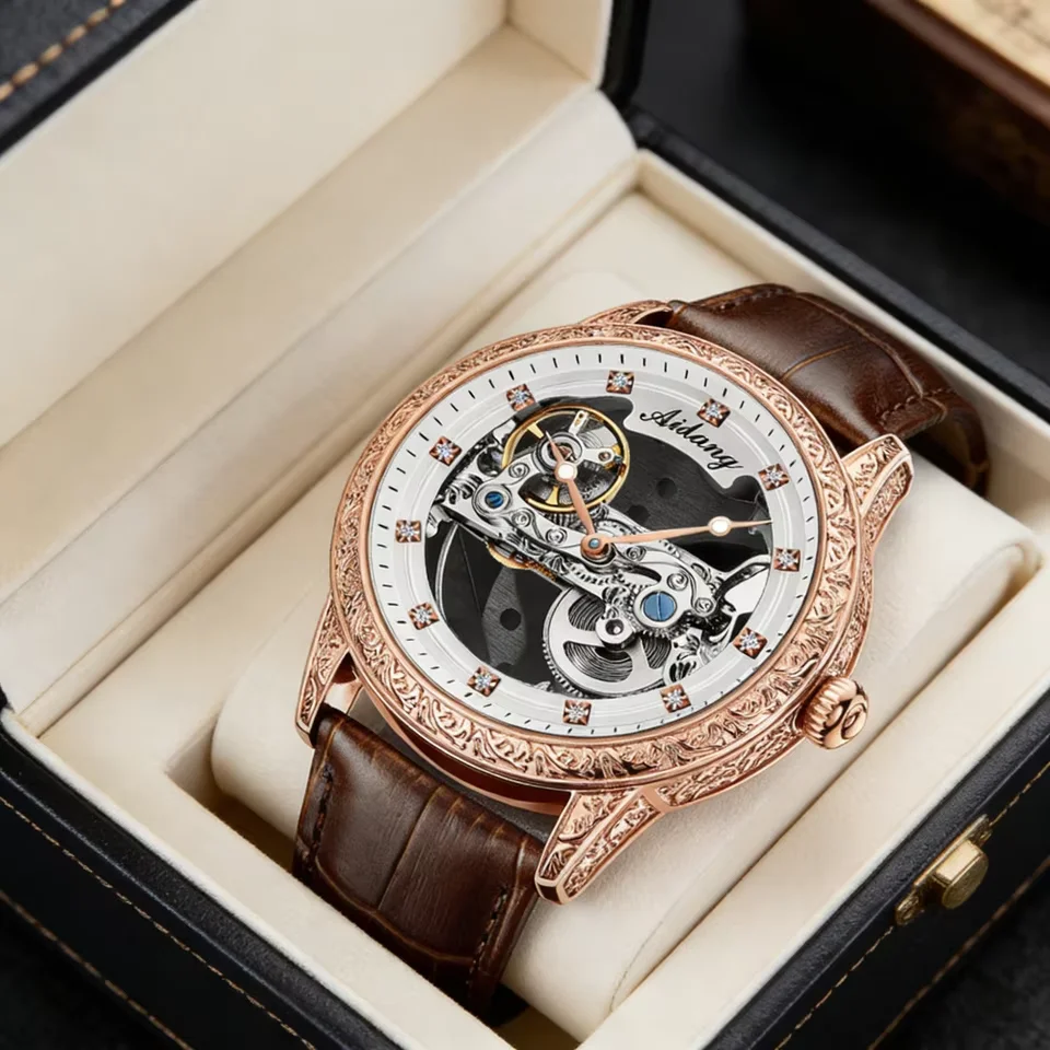 

Высококачественные водонепроницаемые автоматические механические часы с ремешком из натуральной кожи и прозрачной задней крышкой из нержавеющей стали