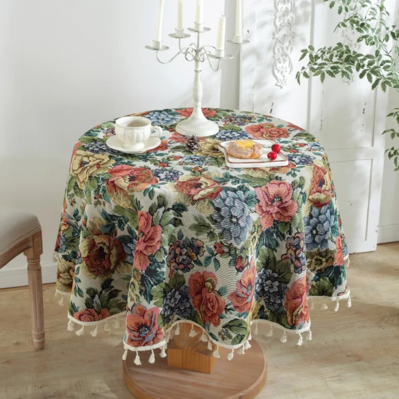 

Table Cloth Round Sunflower Painting Jacquard Table Cover Postal Style Dust-proof for Coffee Table Decor Circular Tablecloth