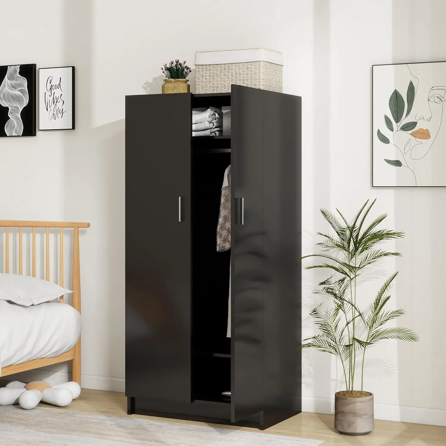 خزانة ملابس ببابين من Panana مع رفوف تخزين، حاجز معلق لغرفة النوم (أسود)