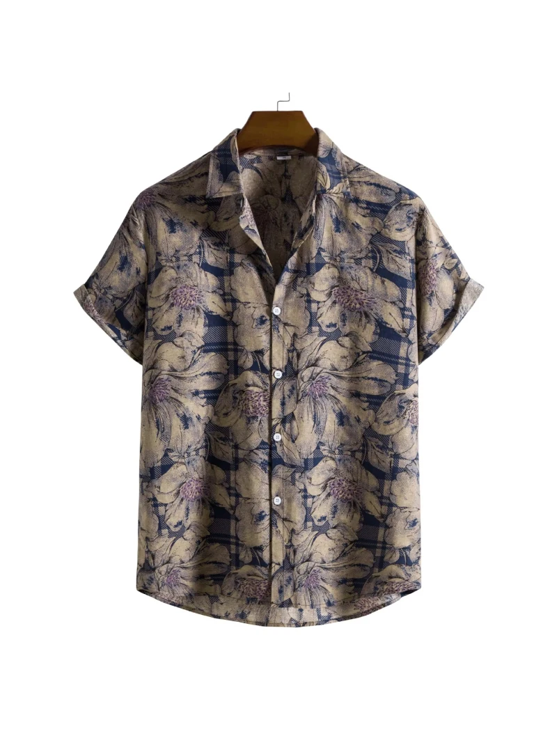 Men's Retro Single Row Of Buttons Lapel Shirt Slim Hawaiian Style Short-sleeved Shirt Men's Harajuku Street Shooting Casual