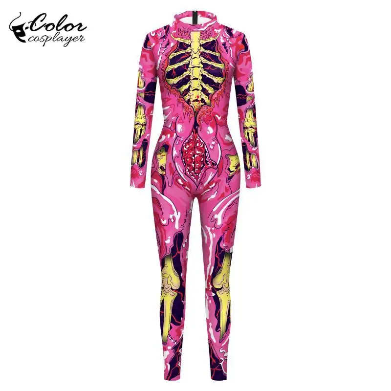 Farbe Cosplay Halloween Muskel Skelett Overall rosa Karneval Party Cosplay Kostüm Zentai Catsuit 3D-Druck Bodysuit Overall