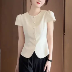 2024 Solid Color Commuter Blouse Summer New Women's Crew Neck Button Asymmetrical Elegant Slim All-match Puff Sleeve Shirt Tops