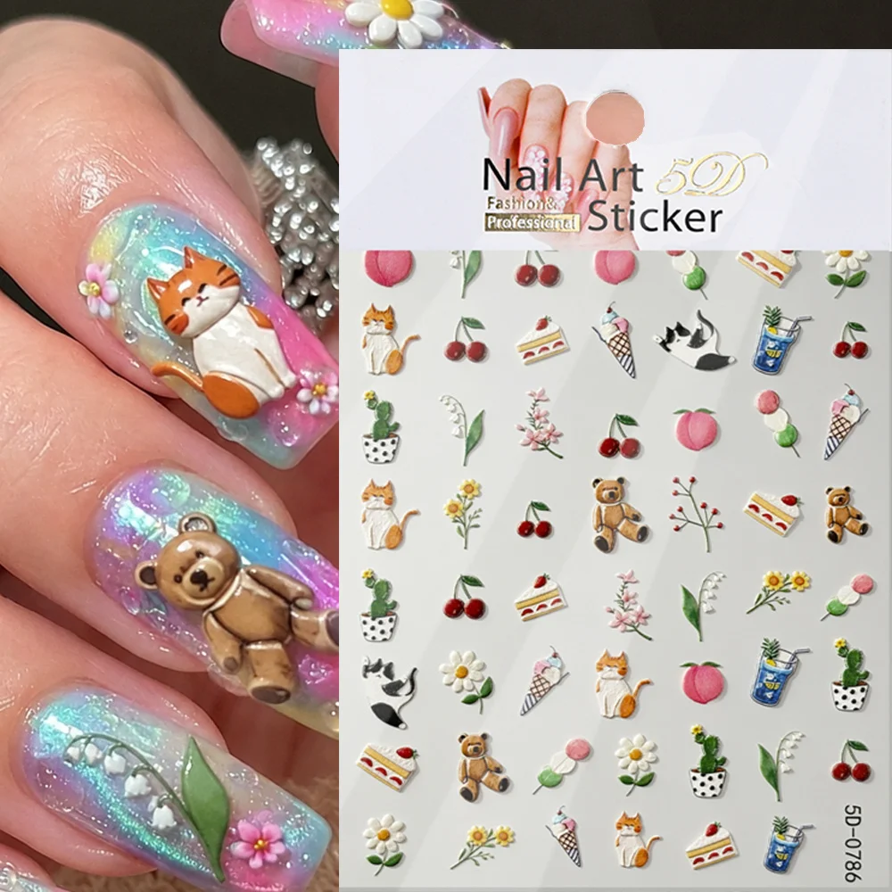 Pegatinas de Uñas 5D Y2K Kawaii con Dibujos Animados de Gato, Oso, Cereza y Flor, Calcomanías de Uñas con Animales/Frutas en Relieve, Adhesivos Decorativos de Gato/Oso