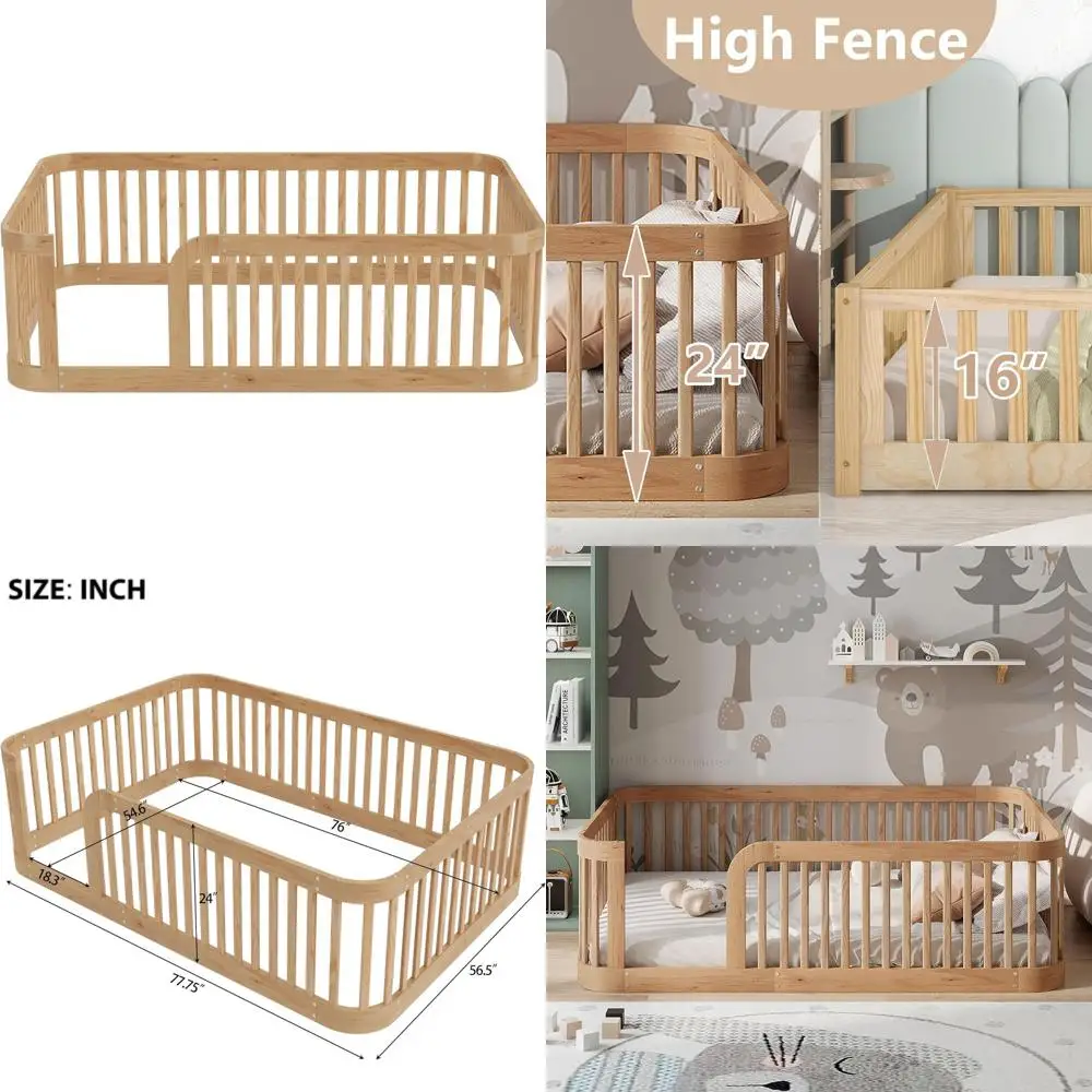High-End Rounded Full-Size Montori Bed with Guardrail and Easy Assembly, Natural