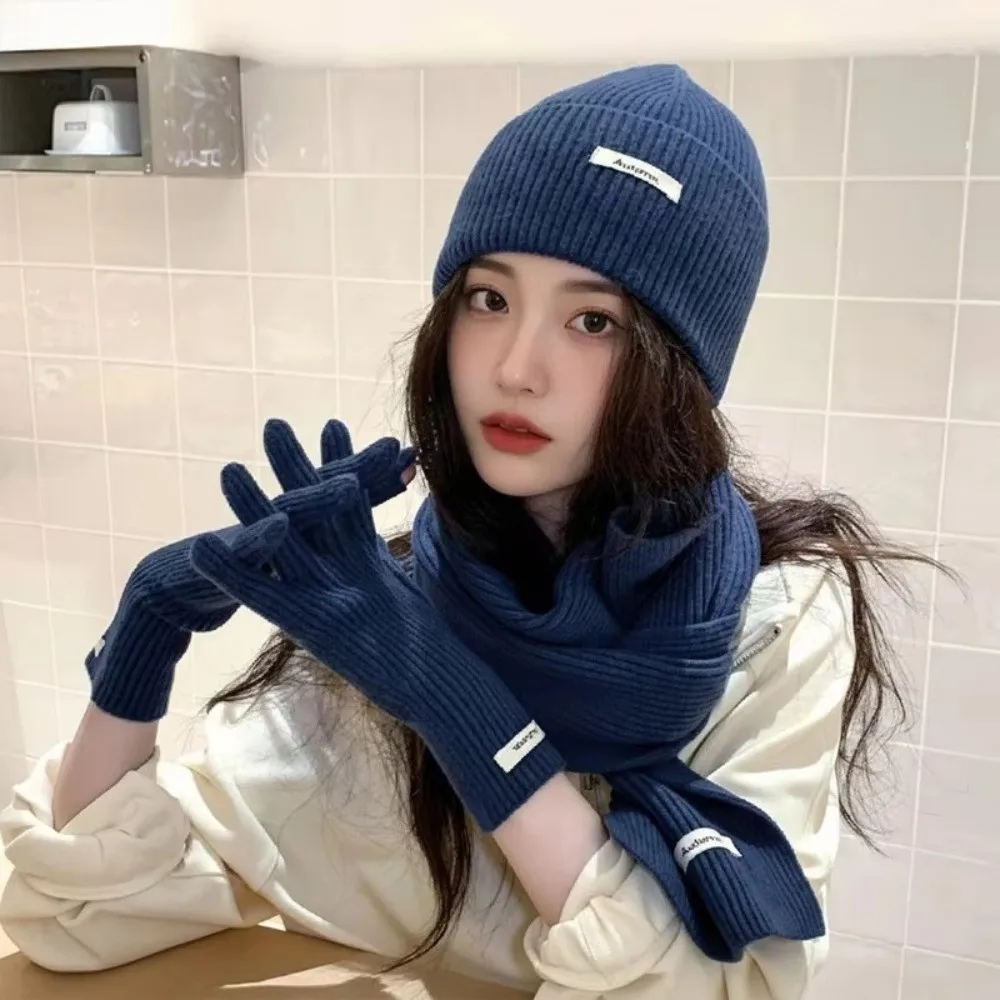 Red Hat Scarf Gloves Set Ear Protection Thickened Knitted Woolen Cap Warm Cotton New Year Winter Beanie Hats Christmas Gift