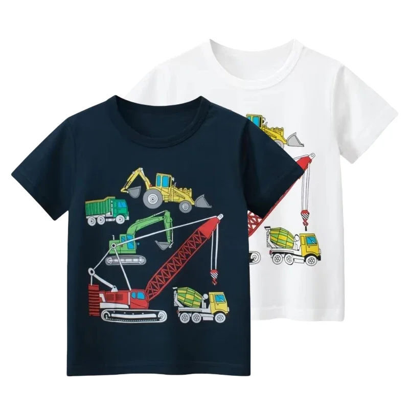 2025 Cartoon Excavator Print Boys T Shirt for Summer Children's T-Shirts Short Sleeves O-Neck Kids Clothes Toddler Cotton Tops