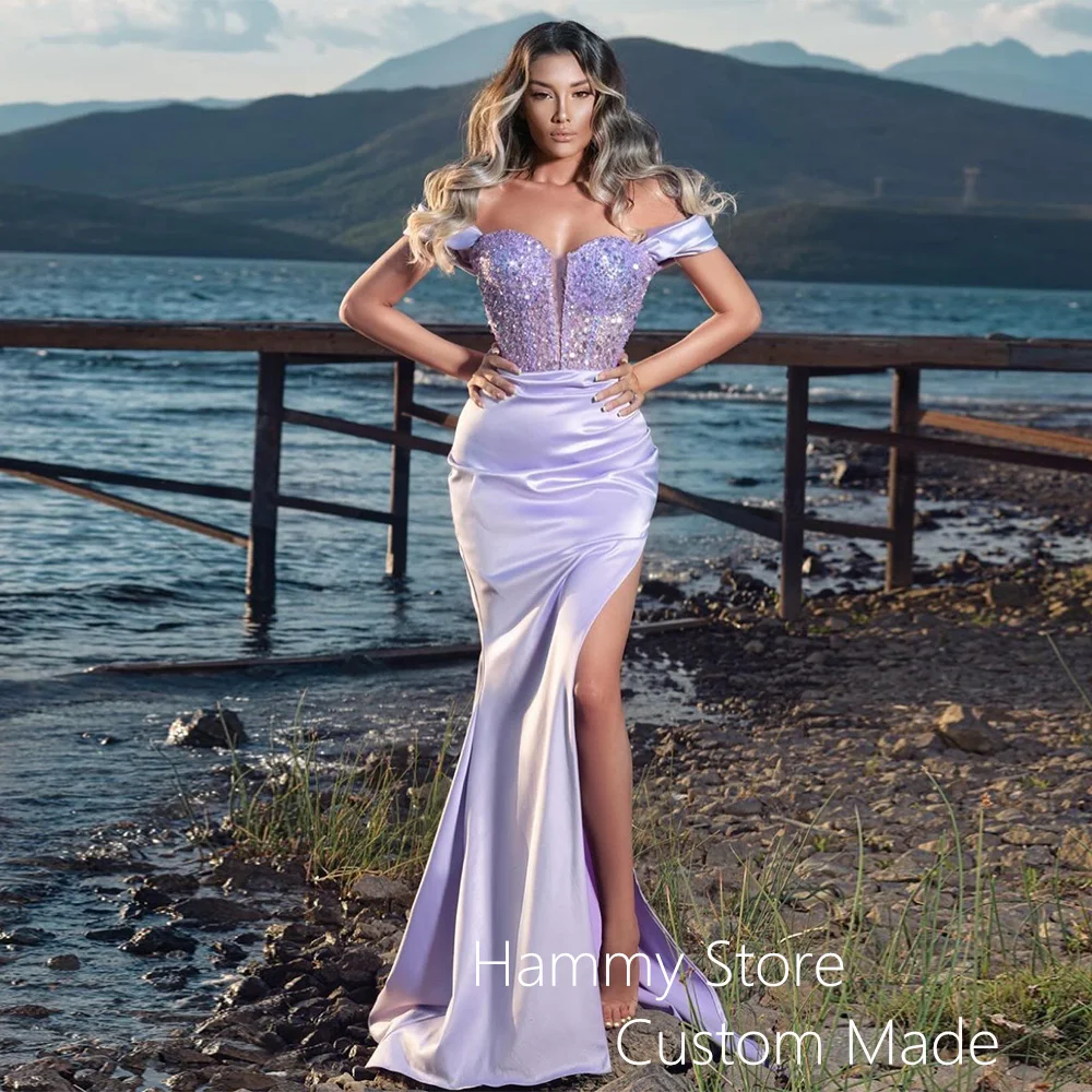 

Lilac Mermaid Evening Dress Off The Shoulder Sweetheart Beading Satin Prom Dress High Slit Trumpet Party Gown Robe De Soiree