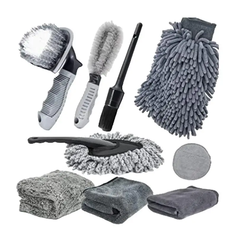 Car Detailing Brush Kit 9pcs Car Wash Cleaning Kits  Microfiber Towels Brush Sponge Polish pad Auto Detailing Washing Tools