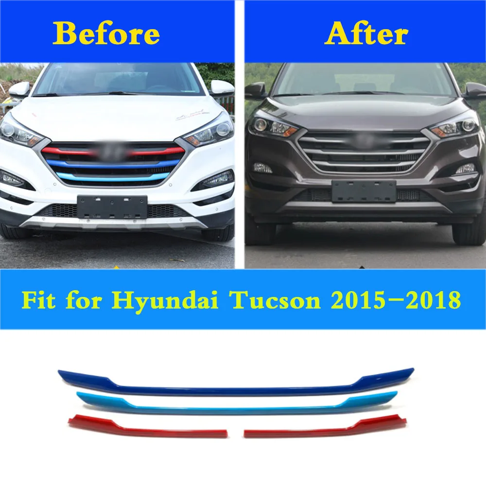 

For Hyundai Tucson 2015 2016 2017 2018 Car Body Protection Detector ABS Chrome Tricolor Trim Front Up Grid Grill Grille Panel