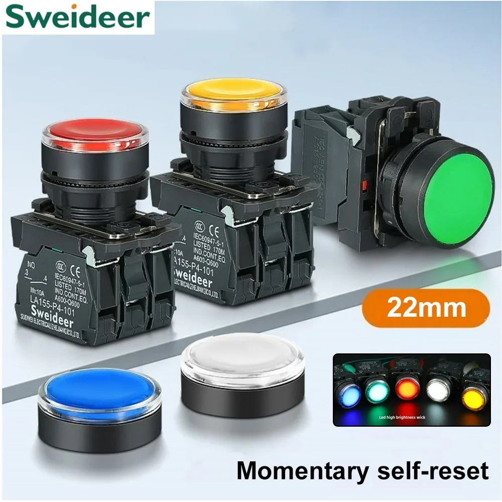 Przycisk XB4 z diodą LED 22mm, chwilowy, samoresetujący, przycisk zasilania z podświetleniem 12V 24V 220V 10A 1NO 1NC 2NO Czerwony Zielony