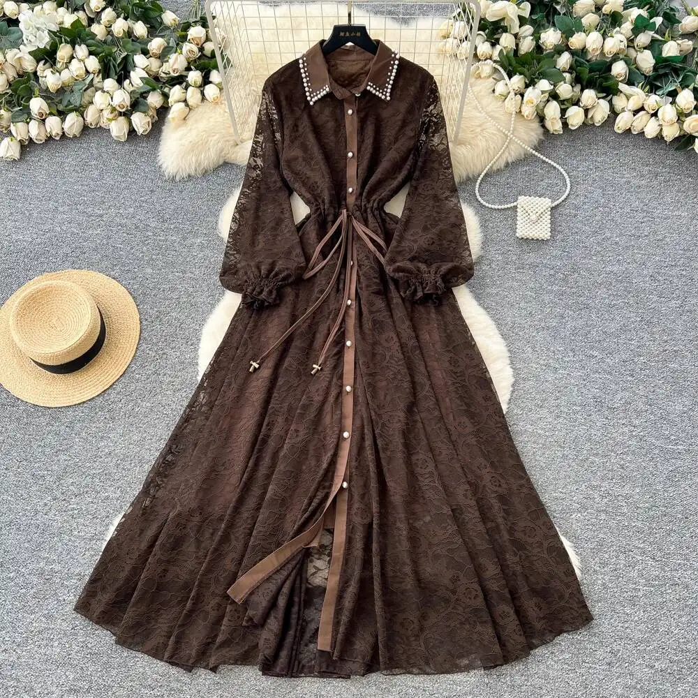 

Шикарное элегантное винтажное платье с отложным воротником и длинными рукавами, украшенное бисером, в корейском стиле, женская одежда в стиле High Street