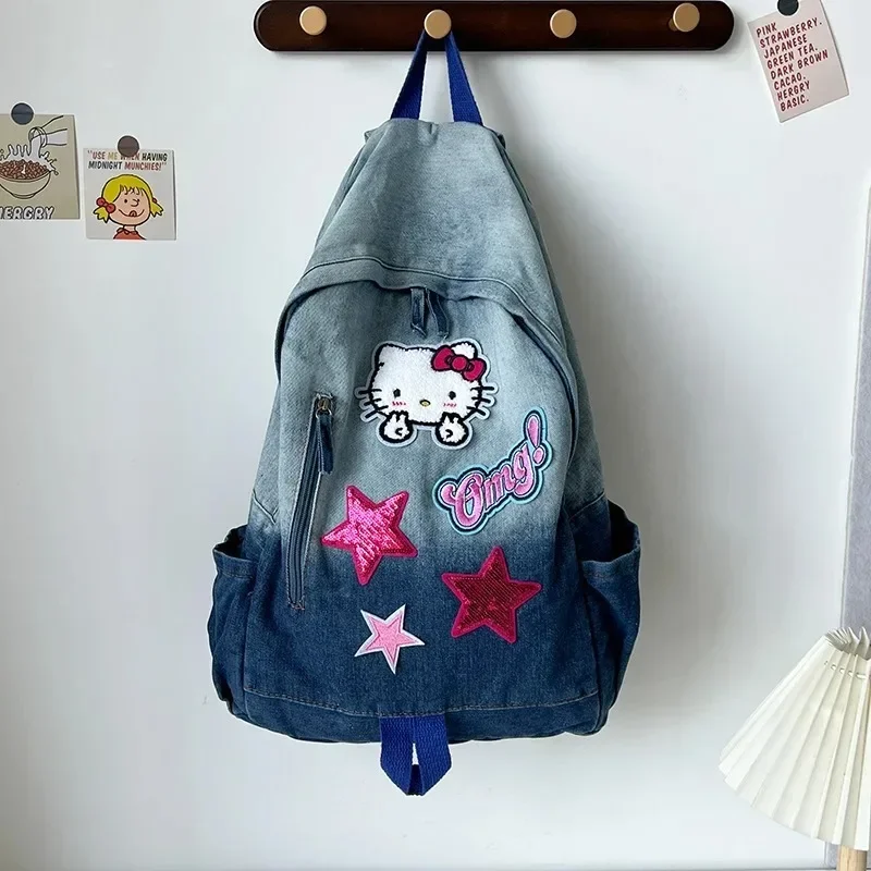 Hello Kitty New Student School Bag Fashionable High Quality Denim Backpack Cartoon Personalized Large Capacity Women\'s Backpack