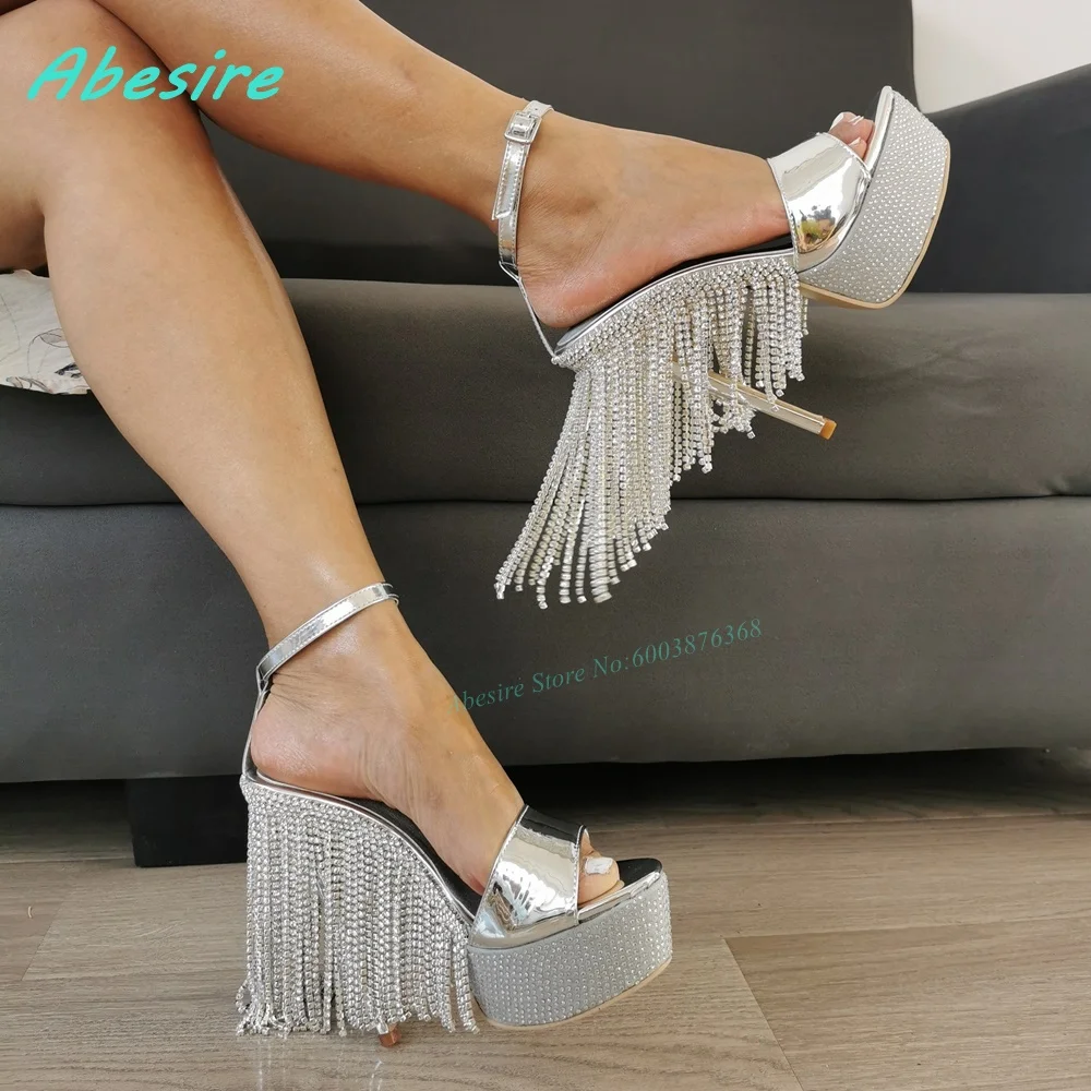 

Fringe Crystal Patent Leather Patchwork Sandals Open Toe Platform Thin Heels Ankle Buckle Women's Sandals Sexy Fashion Shoes