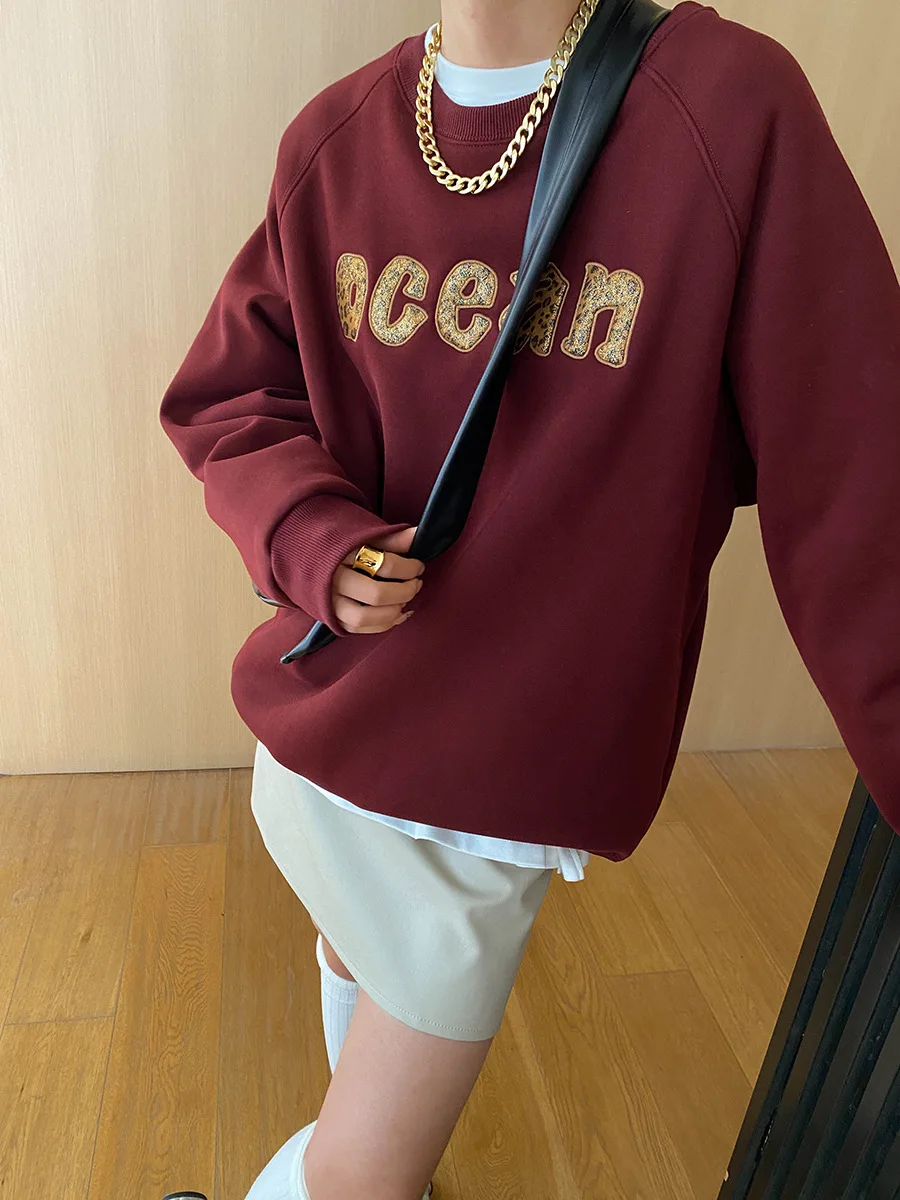 Spring and Autumn Women's Casual Solid Color Letter Embroidered Round Neck Long Sleeve Loose Sweater