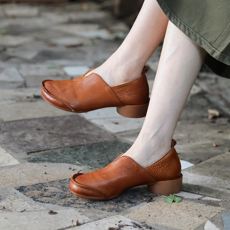 

Heels Women Leather Pumps Shoes Brown Slip on Lazy Shoes for Women Loafers Handmade Women Genuine Leather Soft Ladies Pump