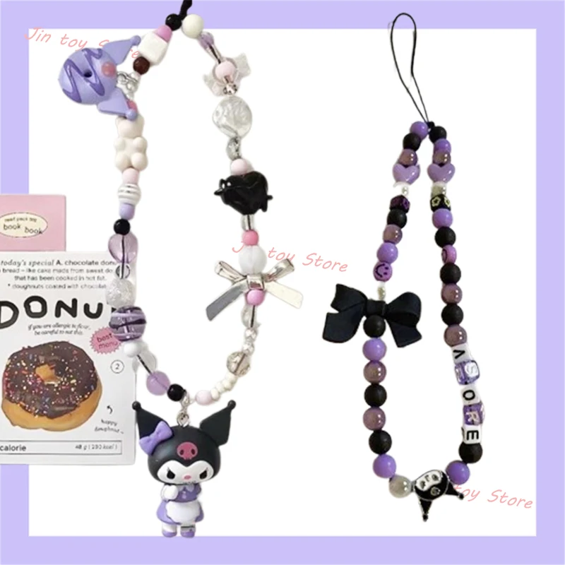 Kawaii Sanrio Kuromi Beaded Phone Chain Ins Style Cartoon Charm Ccd Pendant Lanyard Women Girls Bag Accessories Decoration Gift