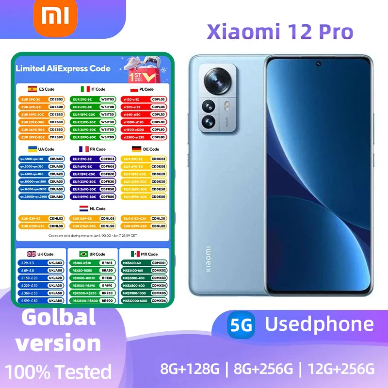 Xiaomi 12 Pro 5G Android 6.73 inch RAM 8GB ROM 128GB Qualcomm Snapdragon 8 Gen1 used phone