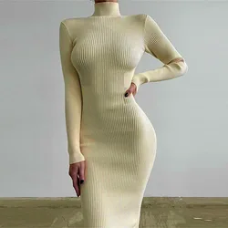 Jesienno-zimowa damska sukienki z dzianiny z golfem elegancka jednolita sukienka typu Bodycon długa sweter z rękawem sukienka wiosna urząd Lady Sexy sukienki