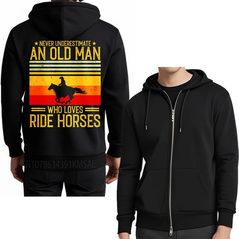 Treino unissex primavera hoodies nunca subestime um velho que adora andar cavalos casual zip-up jaqueta homem minimalista primavera