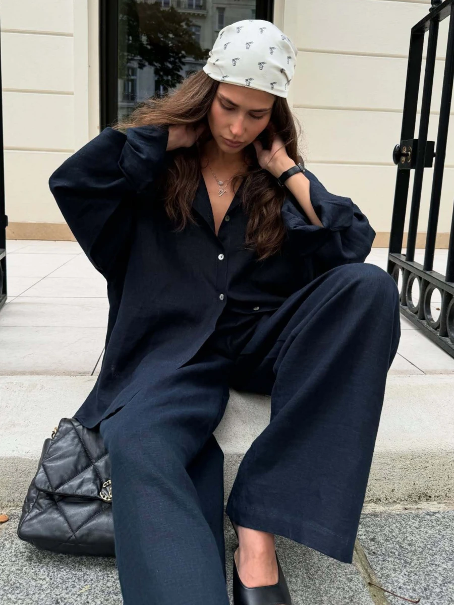 

LIinar 100% Cotton Casual Pants Sets Women Solid Cozy Lapel Long Sleeve Shirt Summer Loose Outfit Pants Suits 2 Pieces Sets