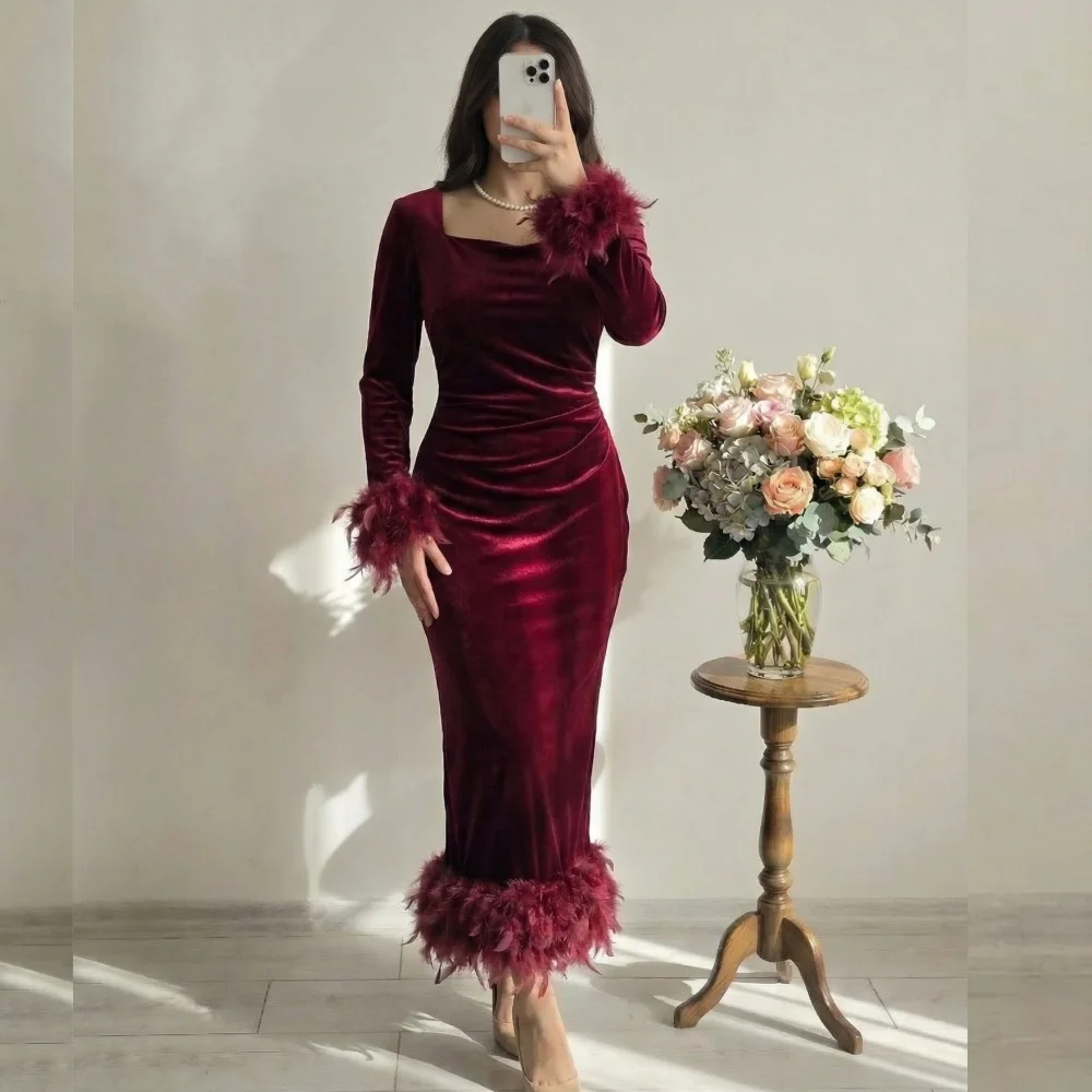 

Прямые платья миди с длинными рукавами и перьями по индивидуальному заказу, женские вечерние платья, элегантное вечернее платье для выпускного вечера на заказ