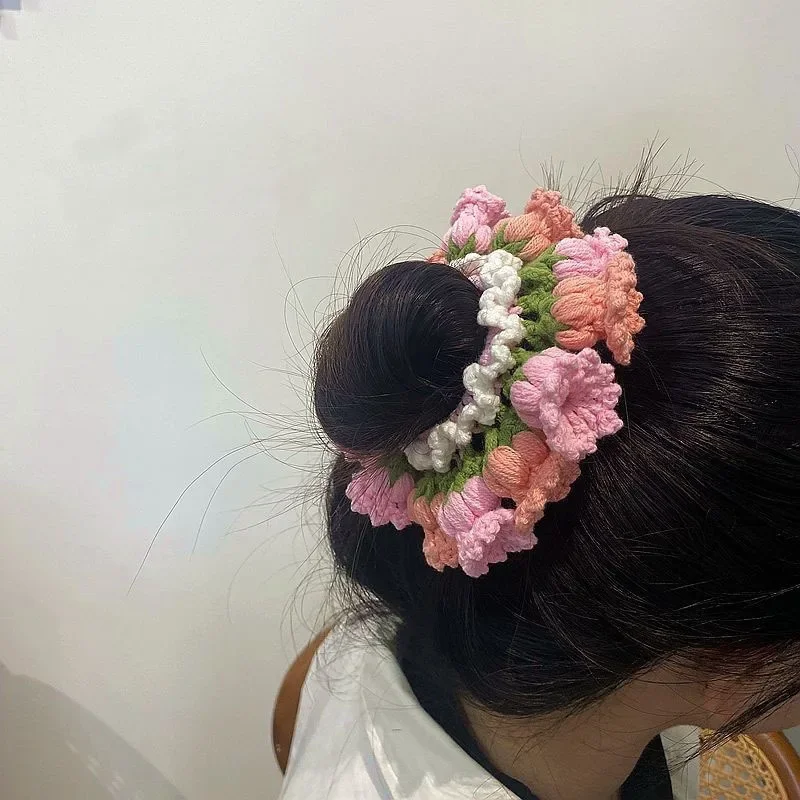 Handmade Knitted Crochet Hairring Colored Orchid Bell Flower Cute Hair Tie Hairband Pure Hand Knitting Hair Jewelry Headwear