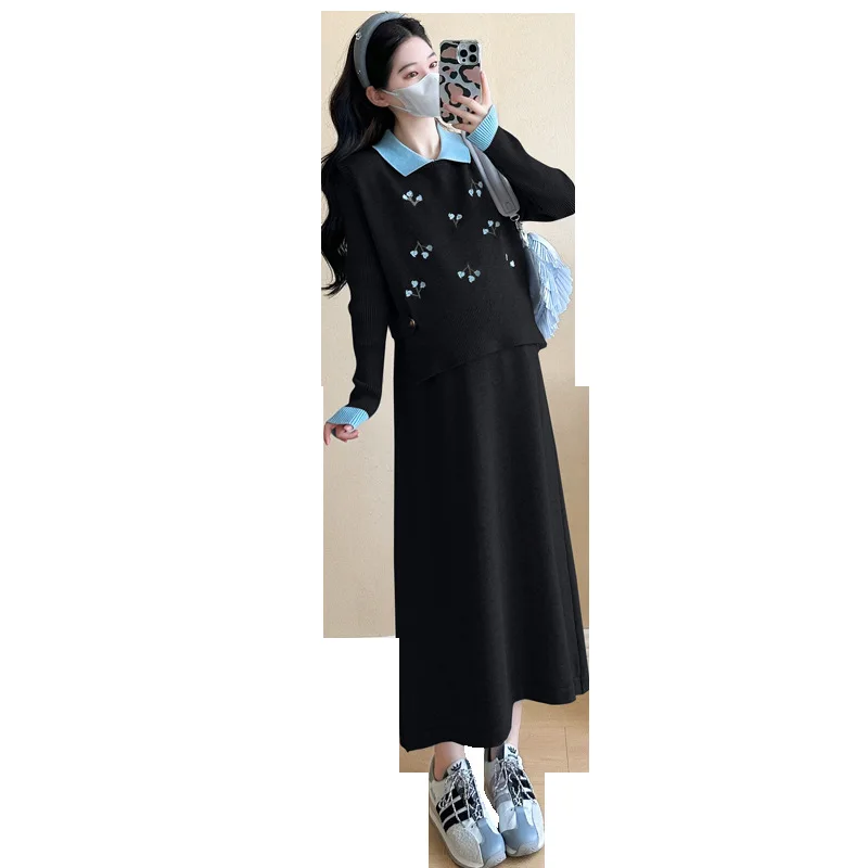 Ropa elegante para embarazo Vestido de punto jacquard de temporada fría Detalles bordados sofisticados Dos piezas de moda para mamás esperando