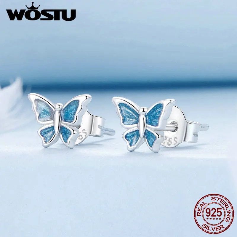 WOSTU-Boucles d'oreilles papillon en argent regardé 925 pour femme, bijoux fins vintage, bleu, vert, violet, émail, cadeau pour fille