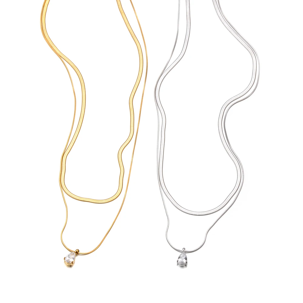 Lokaer Edelstahl Doppelschicht Schlangenkette Stapeln Halskette für Frauen WaterDrop Zirkonia Anhänger Schmuck Party Geschenk N25115