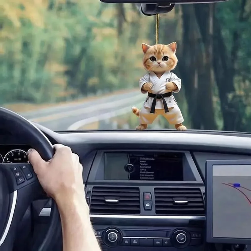 2D Flat Acrylic Taekwondo Cat Keychain Car Interior Rearview Mirror Pendant Cute Cartoon Animal Bag Charm Backpack Pendant Gift