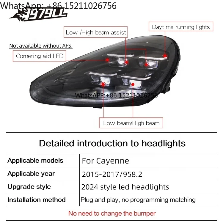 [1979ll] lâmpada de cabeça do carro 2015 2017 2016 958 faróis atualizados para 2024 estilo pdls farol led para porsche cayenne 92a 958.2